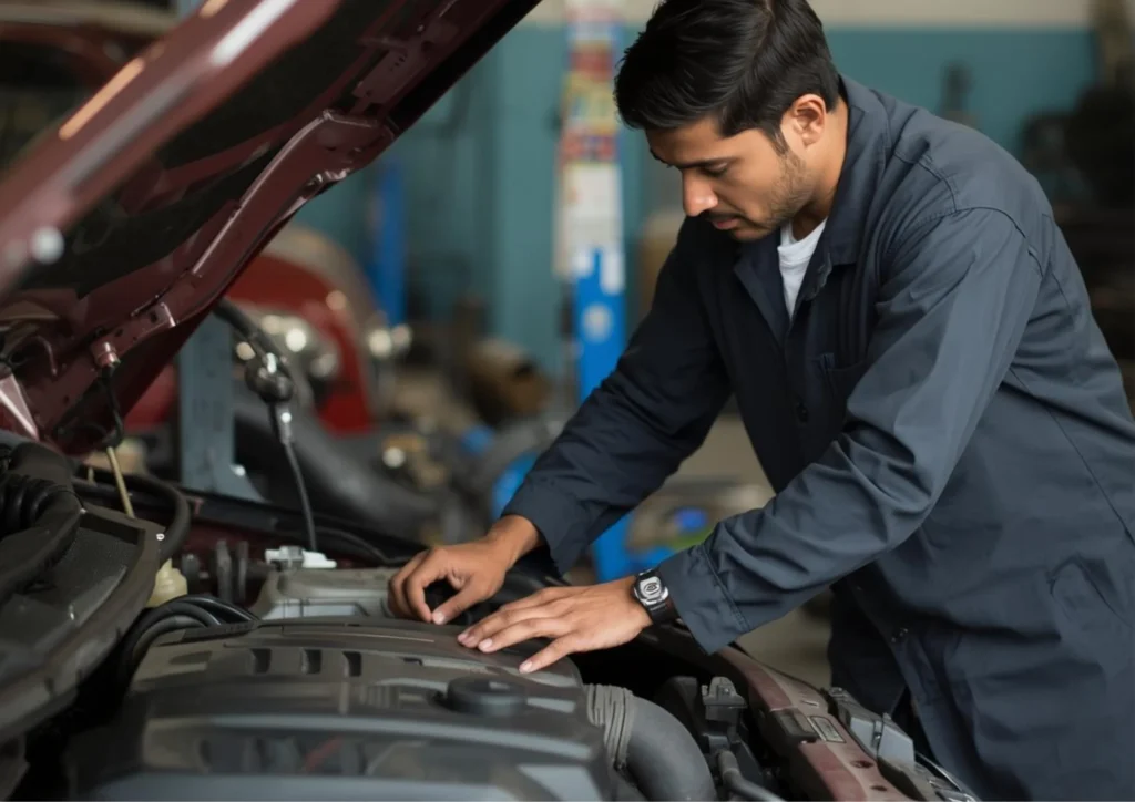 Mechanic inspecting car engine carefully.