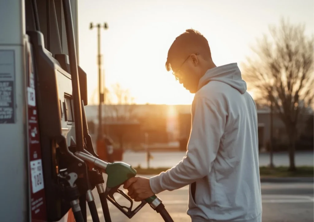 Person fueling vehicle at sunrise.