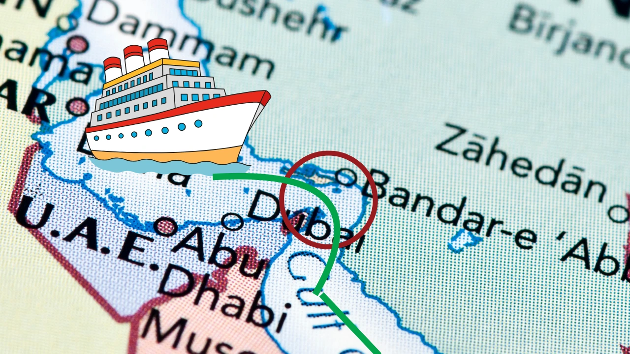 map of midddle east of Strait of Hormuz with shipping lanes and regional countries