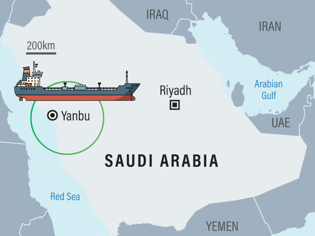 a oil ship and green color circle pn map of saudia arabia point yanbu sea port