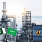 oil factory with oil drum and pak saudi arabia flag