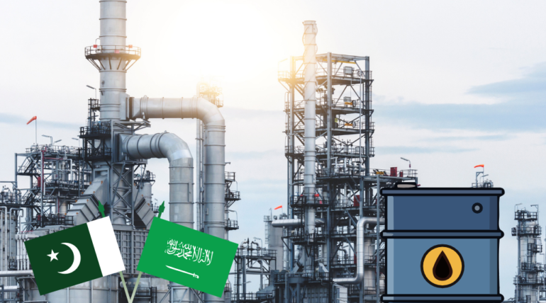 oil factory with oil drum and pak saudi arabia flag