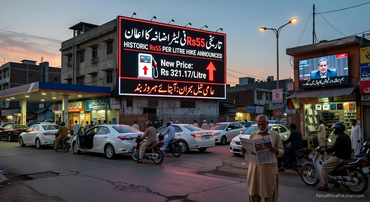 a street view which showing banner of 55 rs petrol hike