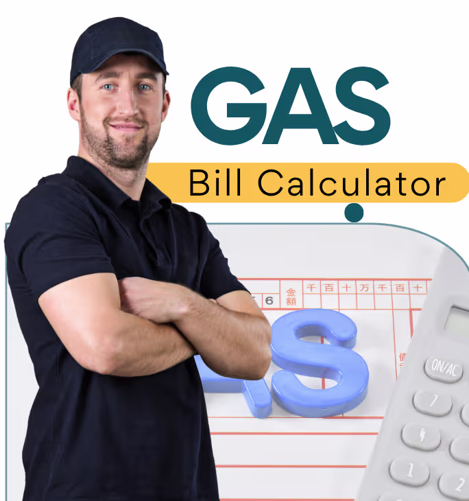 bill checker gas estimator heading and man image with calculator