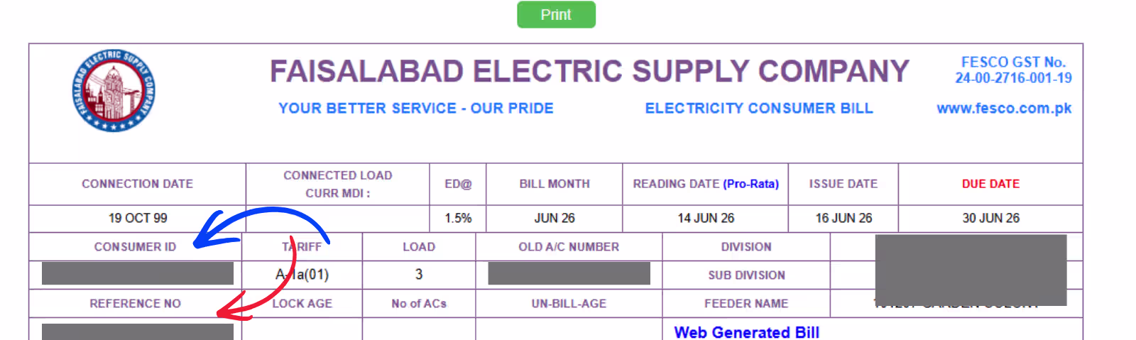 Find reference no or consumer id at fesco electricity bill