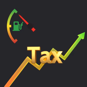 3D graphic showing an upward trending arrow with the word Tax and a fuel gauge icon representing rising fuel taxes in Pakistan.