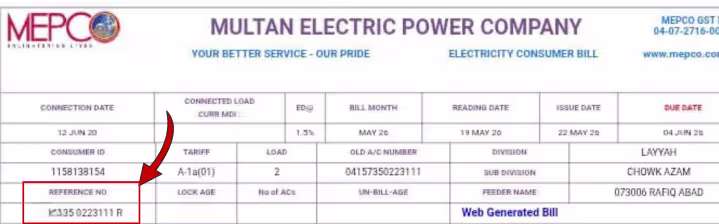 Reference number on elecrticity bill