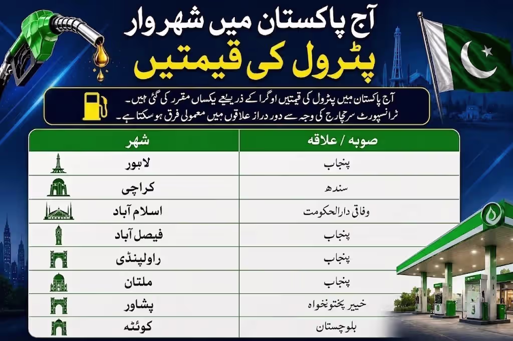 Petrol price headting and city name of pakistan with petrol pump image and pakistani flag