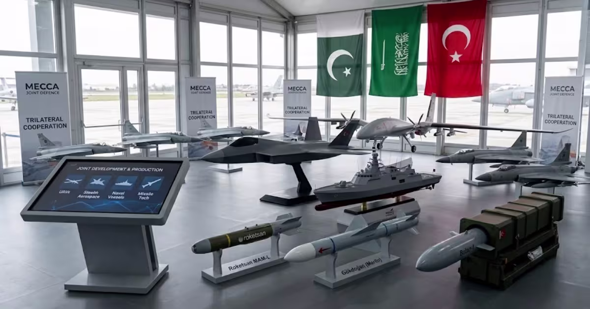 A wide-angle photograph of a trilateral defense technology exhibition inside a hangar. Prominently displayed are flags of Pakistan, Saudi Arabia, and Turkey. Scaled models include a stealth fighter jet, naval corvette, Akıncı UCAV, and precision missiles (Roketsan MAM-L and Gökdoğan (Merlin)). Text on banners and a display console reads 'MECCA JOINT DEFENCE' and 'TRILATERAL COOPERATION'. An airfield view is in the background.