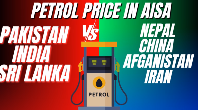 Comparison graphic showing latest petrol prices in Asia including Pakistan, India, Sri Lanka, Nepal, China, Afghanistan, and Iran beside a gas pump illustration.