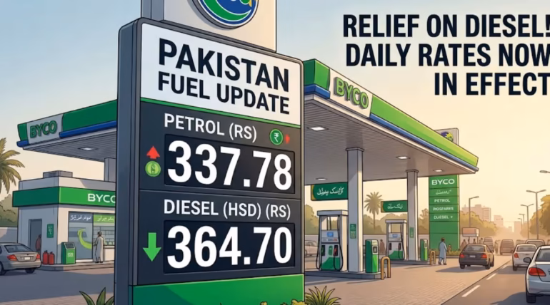 diesel petrol prices display board showing Pakistan fuel rates with petrol at 337.78 and diesel at 364.70 rupees