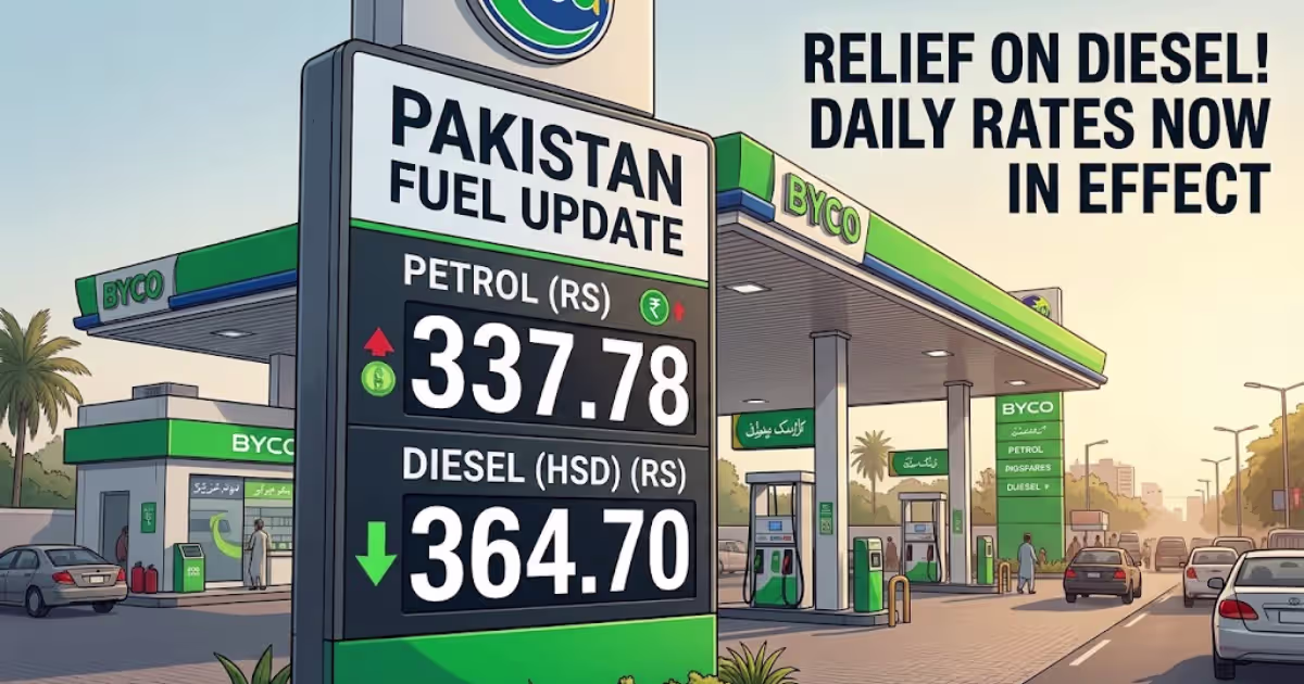 diesel petrol prices display board showing Pakistan fuel rates with petrol at 337.78 and diesel at 364.70 rupees