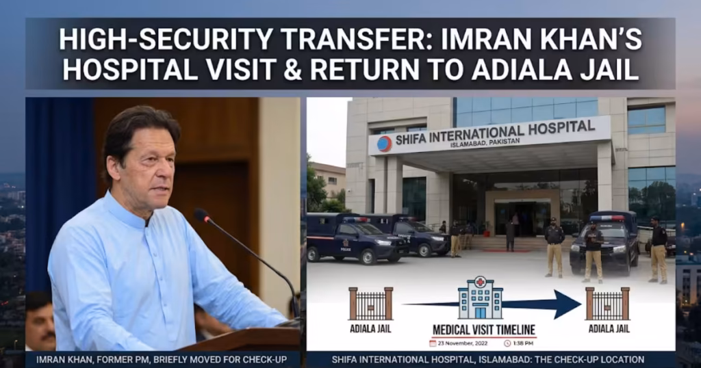 Imran Khan speaking at a podium alongside graphics showing Shifa International Hospital and a timeline of his medical transfer from Adiala Jail., in simple Imran Khan Returns to Adiala Jail