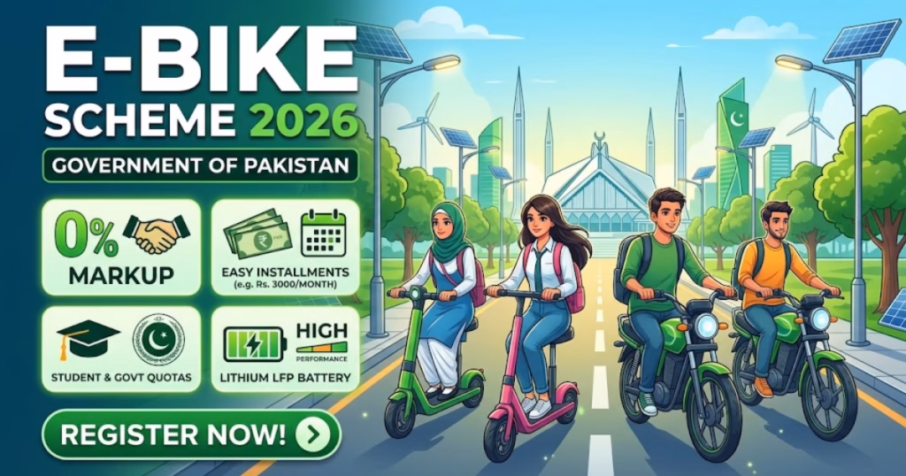 Featured image banner for E-Bike Scheme 2026 in Pakistan featuring male and female students riding green and pink electric bikes against a modern eco-friendly city background.