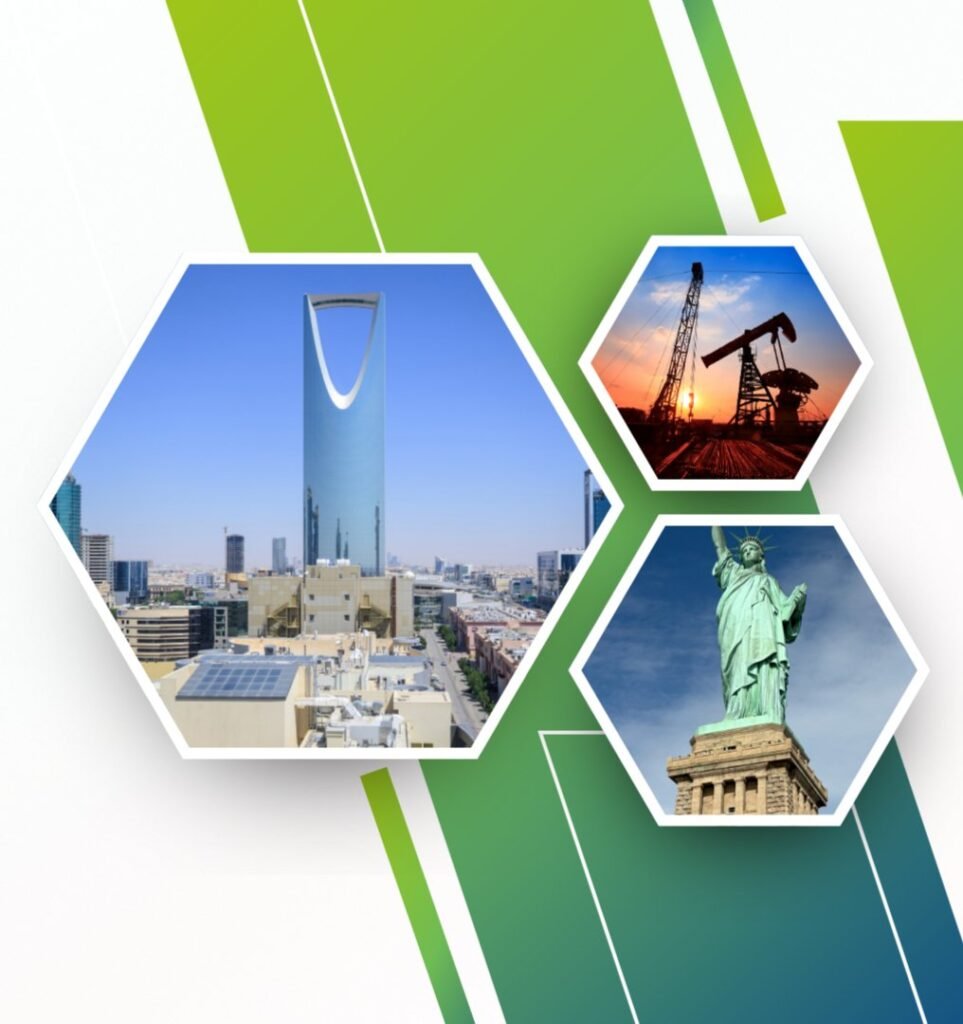 Collage of the Riyadh skyline, an oil pump jack and the Statue of Liberty for international fuel prices
