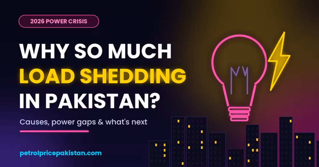 Dark lightbulb with a lightning bolt over a dimly lit city skyline showing load shedding in Pakistan 2026